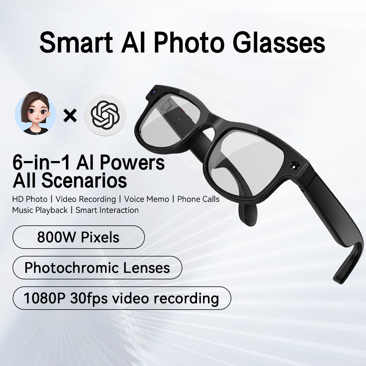 AI Glasses Smart Voice Video Audio Recording Bluetooth 8mp camera 800w pixels