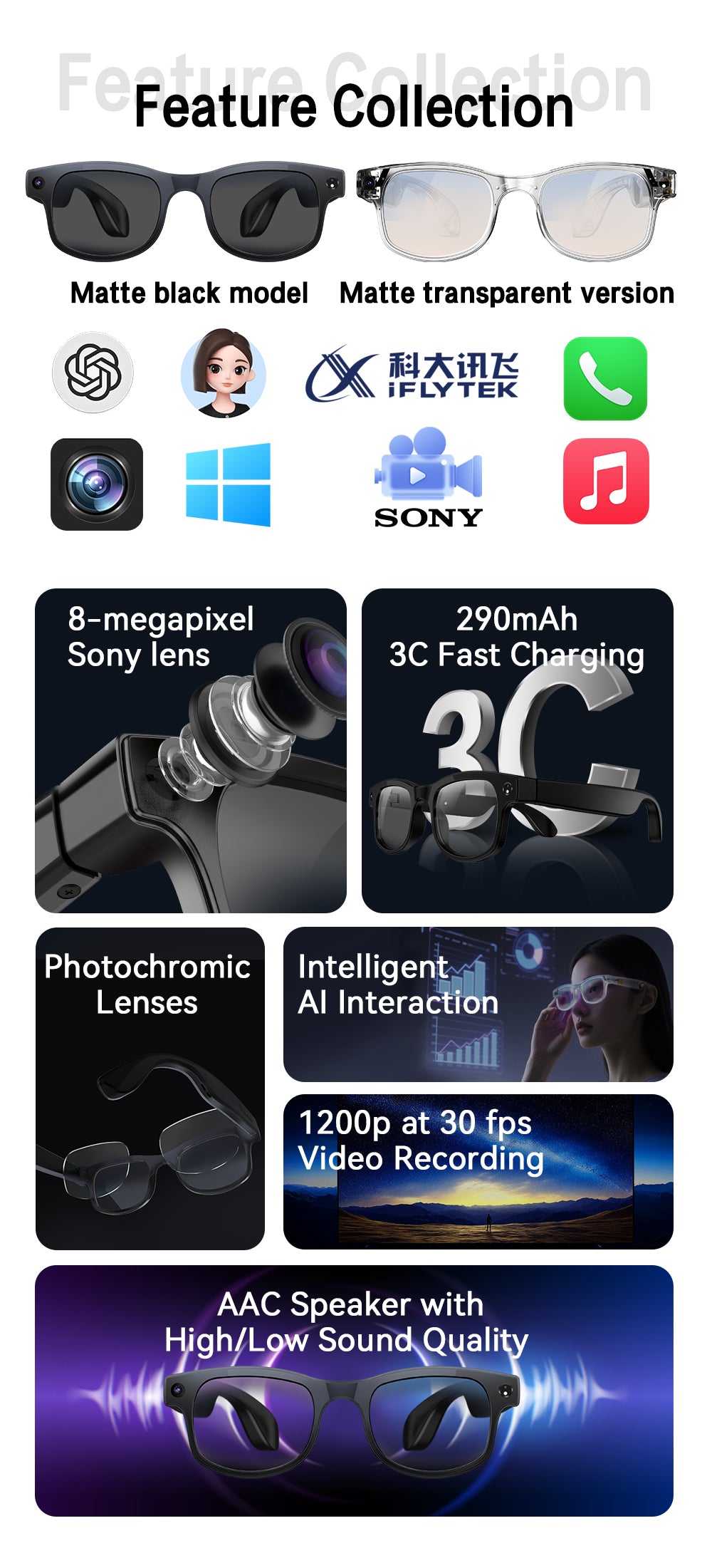 AI Glasses Smart Voice Video Audio Recording Bluetooth 8mp camera 800w pixels