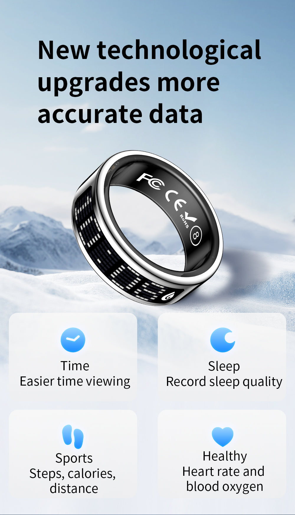 Smart Ring Heart Rate Sleep Health & Fitness Waterproof For Android iOS (BLACK)
