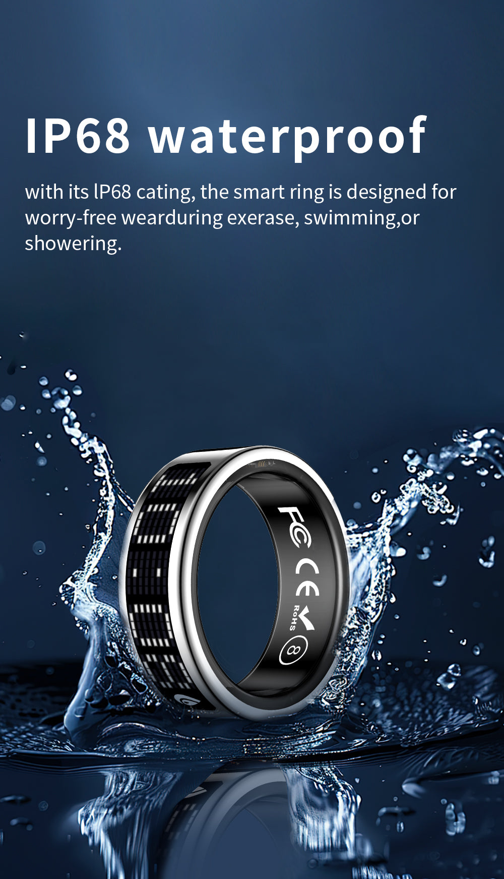 Smart Ring Heart Rate Sleep Health & Fitness Waterproof For Android iOS (BLACK)