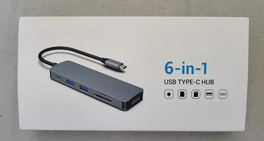 6 in 1 USB C hub with USB 3.0, HDMI and USB-C ports, SD and micro SD ports