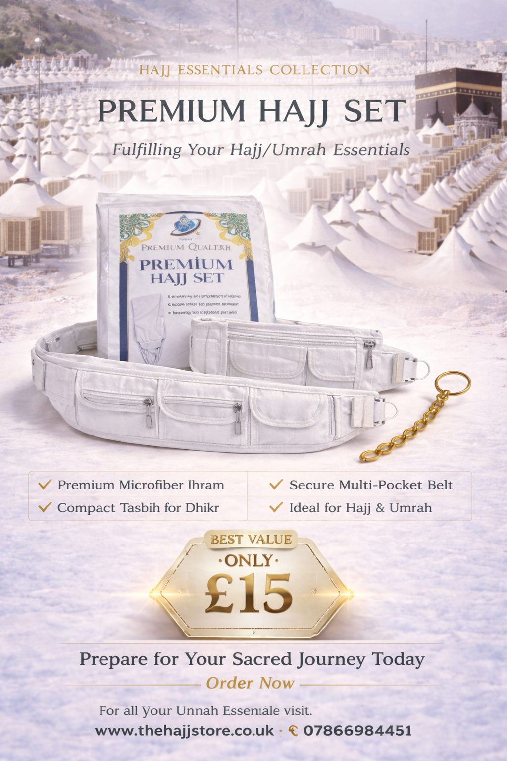 3 piece Ihram Kit (Ihram, Belt, Tawaf Tasbih)